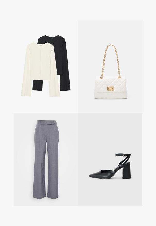 Set med två långärmade toppar i vitt och svart. Ribbade texturer, rund hals, figurnära design med något utställda ärmar.; Grå vida byxor gjorda av strukturerad tyg. Har en platt midja med bältesömmar och veck framtill för extra detalj.; Svart läderpumps med spetsig tå, ankelrem och kraftig klack. Slät textur, stilren design och minimalistisk estetik.; Vit quiltad handväska med guldkedjeslinga och rektangulär lås. Har en slät yta och ett geometriskt sytt mönster.