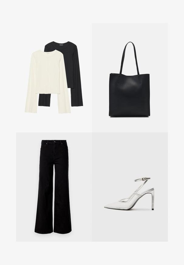 Set van twee longsleeve tops in wit en zwart. Geribbelde textuur, ronde hals, aansluitend ontwerp met licht uitlopende mouwen.; Zwarte high-waist wide-leg jeans met voor- en achterzakken, knoopsluiting en riemlussen op een effen witte achtergrond.; Duidelijke stiletto hak schoen met een spitse neus, transparant materiaal, metallic zilveren accenten en een verstelbare enkelband.; Zwarte leren handtas met een gladde textuur, rechthoekige vorm en twee lange handvaten. Geen zichtbare hardware of versieringen.