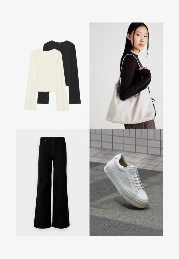 Set of two long-sleeve tops in white and black. Ribbed texture, round neck, fitted design with slightly flared sleeves.; Black high-waist wide-leg jeans with front and back pockets, button closure, and belt loops on a plain white background.; White leather sneaker with a low-top design, flat laces, rounded toe, and textured sides. Thick rubber sole with subtle accents.; Beige handbag made of soft material, featuring a slouchy design, stitched detailing, and two shoulder straps. Suitable for everyday use.