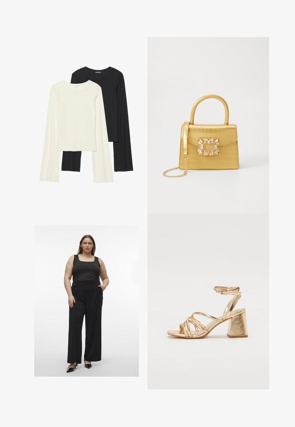 Nabor dveh dolgih rokavov v beli in črni barvi. Žameten vzorec, okrogla ovratnica, prilegajoča zasnova z rahlo razširjenimi rokavi.; Črna majica brez rokavov v kombinaciji s širokimi črnimi hlačami z gumbi. Obleka ima gladko teksturo in moden, prilega silhueto.; Zlate kovinske sandale s peto, ki imajo zapleteno zasnovo, kvadratno blok peto in nastavljiv gležnjski trak z zaponko. Gladka tekstura.; Rumeno usnjeno-usnje z vzorcem krokodila, s strukturiranim dizajnom, zgornjo ročajem, snemljivo verižico in dekorativnim kristalnim okrasjem na zaponki.