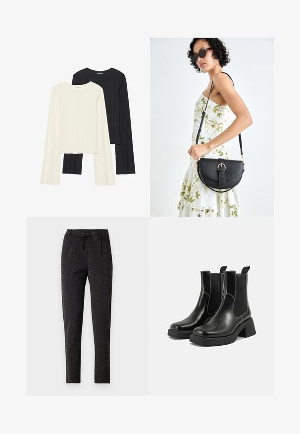 Conjunto de duas blusas de manga longa em branco e preto. Textura canelada, decote redondo, design ajustado com mangas ligeiramente evasê.; Calças pretas com um efeito de brilho subtil, apresentando uma cintura com cordão, design ajustado e perna estreita para uma silhueta ajustada.; Botas Chelsea em couro preto com um salto grosso, painéis laterais elásticos e costura branca em contraste. Acabamento texturizado.; Bolsa de couro preta com forma curva, alça destacável e detalhes em dourado. A bolsa possui uma aba com detalhe de fivela.