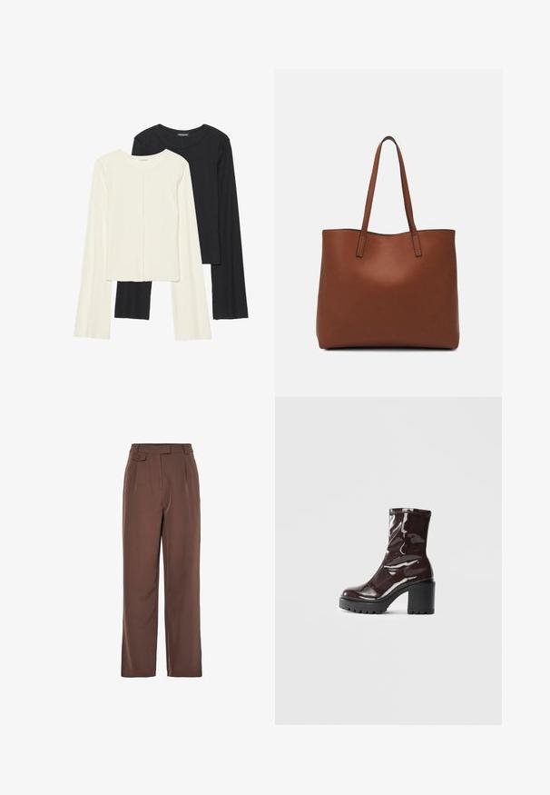 Dviejų ilgomis rankovėmis marškinėlių rinkinys, baltas ir juodas. Raukšlėta tekstūra, apvalus kaklas, prigludusi forma su šiek tiek platėjančiomis rankovėmis.; Rudos megzti plačiakraščiai kelnių su aukštu juosmeniu, priekiniais raukiniais ir mygtuko detale. Lygi tekstūra su pritaikytu dizainu.; Blizgus burgundių spalvos kulknapis su tankiu juodu kulnu, pasižymintis lygiu paviršiumi ir paprastu dizainu. Nėra matomų užsegimų ar raštų.; Ruda odinė priekabų krepšys su glotnia tekstūra, atviru viršumi ir dviem petnešomis. Su minimalia siuvimo detalėmis ir nematoma aparatūra.