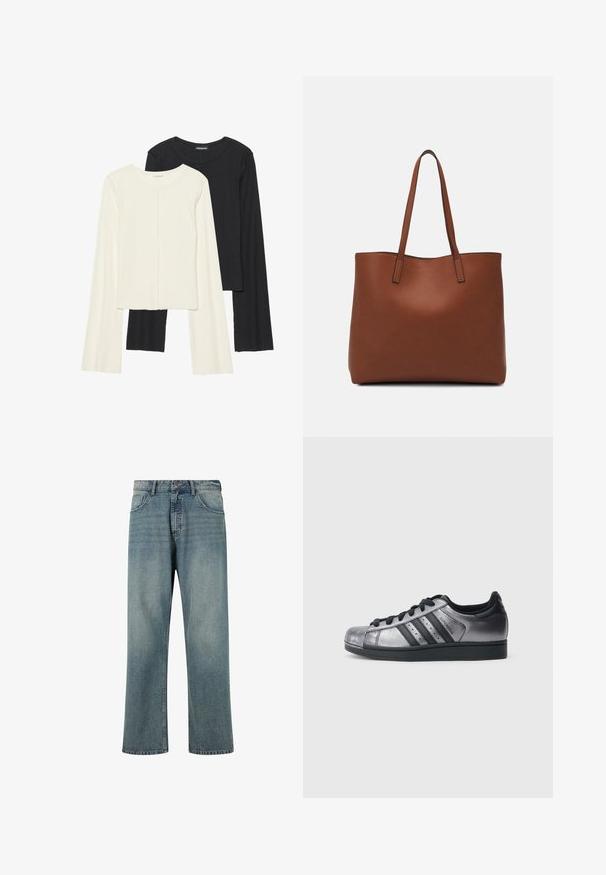 Kaksik Eri pikkusega valge ja musta värvi pikkade varrukatega topsi. Ribikstruktuur, ümar kaelus, lihav disain, veidi laienevate varrukatega.; Heledad sinised teksapüksid, sirge lõikega, viie taskuga disain, kontrastõmblused ja klassikaline vöökohaga nupuga sulgemine.; Mustad ja metallik hõbedased tossud ümarate varvaste, kolme musta triibu ja tekstuurse pealispinnaga. Mustad paelad ja kummist talla.; Pruun nahast tote-kott, millel on sile tekstuur, avatud ülaosa disain ja kaks õlarihma. Omab minimaalset õmblust ja nähtavat riistvara ei ole.