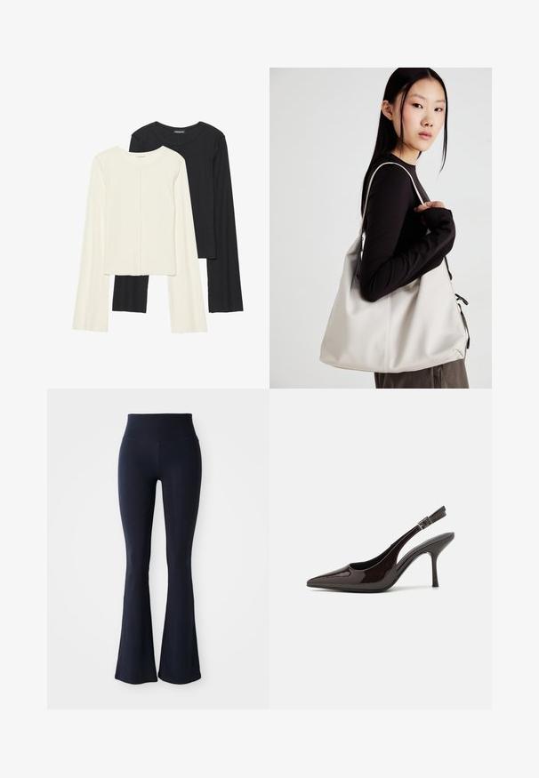 Set aus zwei Langarmoberteilen in Weiß und Schwarz. Rippstruktur, Rundhalsausschnitt, figurbetontes Design mit leicht ausgestellten Ärmeln.; Marineblaue, ausgestellte Leggings aus dehnbarem Material mit hohem Bund. Glatte Textur und einfarbig, keine sichtbaren Muster oder Akzente.; Slingback-Pumps aus glänzendem dunklen braunen Lackleder, mit spitzer Zehenpartie, offenen Seiten und verstellbarem Knöchelriemen.; Beige Handtasche aus weichem Material, mit einem lässigen Design, gesteppten Details und zwei Schulterriemen. Geeignet für den täglichen Gebrauch.
