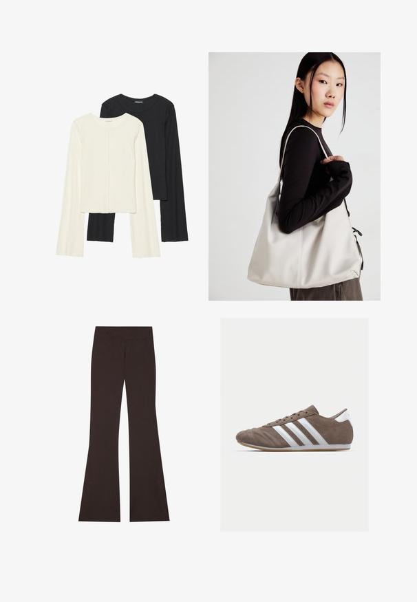 Dviejų ilgomis rankovėmis marškinėlių rinkinys, baltas ir juodas. Raukšlėta tekstūra, apvalus kaklas, prigludusi forma su šiek tiek platėjančiomis rankovėmis.; Rudos šviesų kelnes su plačiu juosmeniu, pagamintas iš tamprios medžiagos. Yra šoninės plyšys apmušale ir plokščios siūlės.; Rudos zomšo sportiniai batai su baltais dryžiais, apvaliu nosiu, raištelių dizainu ir guminėmis padangomis. Tekstūruotas viršus su siuvinėjimo detalėmis.; Bežinė rankinė, pagaminta iš minkštos medžiagos, turinti laisvą dizainą, siuvinėtas detalės ir dvi petnešos. Tinkama kasdieniam naudojimui.