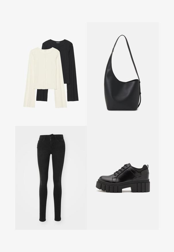 Nabor dveh dolgih rokavov v beli in črni barvi. Žameten vzorec, okrogla ovratnica, prilegajoča zasnova z rahlo razširjenimi rokavi.; Črne skinny kavbojke iz denima z visokim pasom, petimi žepi, sprednjim zadrgo in gladko teksturo.; Črne usnjene platforme z debelim blokastim petam, okroglo konico in klasičnim vezanjem. Imajo gladko teksturo in minimalne podrobnosti.; Črna usnjena hobo torba z gladko teksturo, ukrivljeno obliko in eno nastavljivo naramnico; ima širok odprtina na vrhu.
