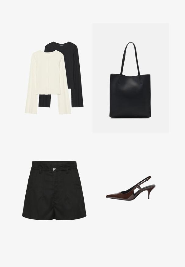 Set med två långärmade toppar i vitt och svart. Ribbade texturer, rund hals, figurnära design med något utställda ärmar.; Svarta högmidjade shorts med sydda veck, sidofickor, bältloophål och ett smalt svart bälte med en silverfärgad spänne.; Bruna patenterade läderslingback pumps med spetsig tå, öppna utskärningar och en tunn klack. Har ett justerbart spänne.; Svart lädertoffelväska med slät textur, rektangulär form och två långa handtag. Ingen synlig hårdvara eller dekorationer.