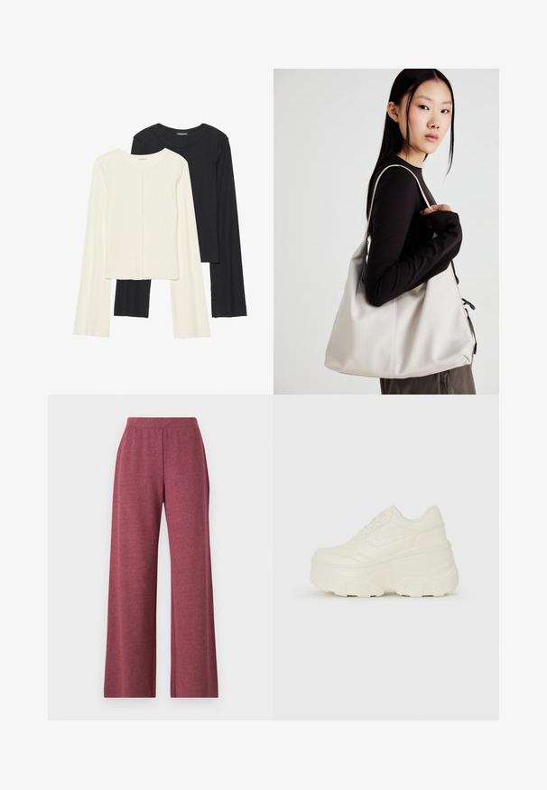 Dviejų ilgomis rankovėmis marškinėlių rinkinys, baltas ir juodas. Raukšlėta tekstūra, apvalus kaklas, prigludusi forma su šiek tiek platėjančiomis rankovėmis.; Bordo plačiai pasatiškos kelnės, pagamintos iš minkštos, tekstūruotos medžiagos, su elastinga juosmens juosta ir laisvu, plūduriuojančiu dizainu.; Baltos platformos sportbačiai su lygiu odos primenančiu paviršiumi, apvalia forma, paminkštintu apykakle ir tekstūruotu guminiu padu su ryškiais protektoriais.; Bežinė rankinė, pagaminta iš minkštos medžiagos, turinti laisvą dizainą, siuvinėtas detalės ir dvi petnešos. Tinkama kasdieniam naudojimui.