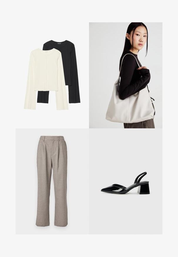 Két darabból álló hosszú ujjú felsők szettje fehér és fekete színben. Bordás textúra, kerek nyakkivágás, testhez simuló fazon, enyhén bővülő ujjakkal.; Kockás, magas derekú barna és fekete nadrág, laza szabással, redőkkel és oldalzsebekkel. Simább textúra és széles szárak.; Fekete lakk bőr szandálkés magas sarkú cipő, hegyes orral és geometrikus tömbsarkakkal. Karcsú, minimalista dizájn és sima textúra jellemzi.; Puha anyagból készült bézs kézitáska, laza dizájnnal, varrott részletekkel és két vállpánttal. Mindennapi használatra alkalmas.