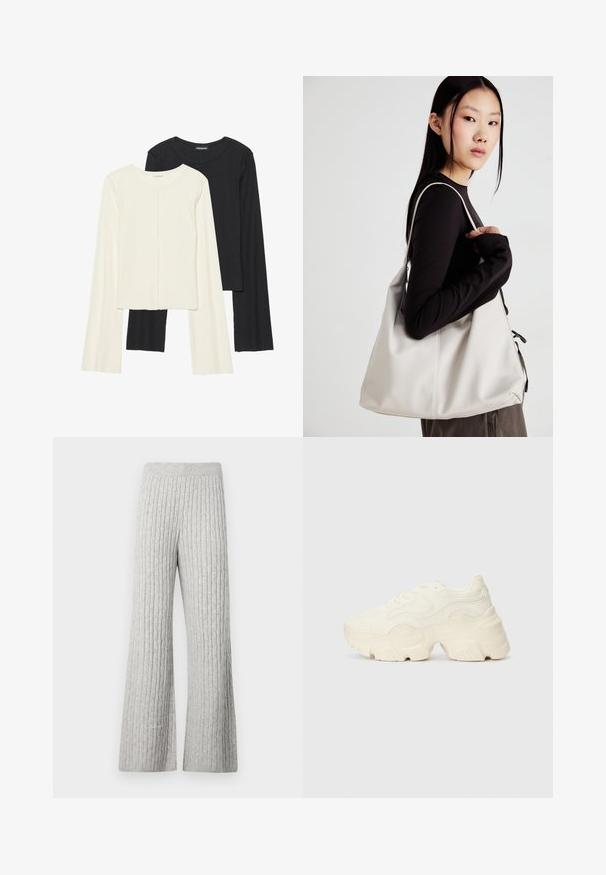 Kaksik Eri pikkusega valge ja musta värvi pikkade varrukatega topsi. Ribikstruktuur, ümar kaelus, lihav disain, veidi laienevate varrukatega.; Halljad soonikud laiad püksid, millel on tekstureeritud muster ja elastne vöökoht, pehme kangasteguga.; Paksud valged tennised, mis on valmistatud tekstureeritud võrgu- ja sünteetilistest materjalidest, pakuvad paksu tallaga ja keerukat mustrit külgedel.; Bež käekott pehme materjali, millel on lõtv disain, õmblustega detailid ja kaks õlarihma. Sobib igapäevaseks kasutamiseks.