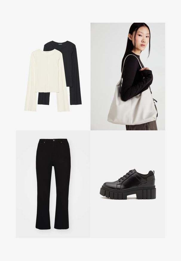 Divu garo piedurkņu tops komplekts baltā un melnā krāsā. Ribota tekstūra, apaļš kakls, pieguļoša dizaina ar nedaudz izplestām piedurknēm.; Melnas izteiksmīgas džinsa bikses ar priekšējām kabatām, pogu aizdari un smalkiem oranžiem izšuvumiem. Gluda tekstūra.; Melnas ādas platformas kurpes ar masīvu bloku papēdi, apaļu purngalu un tradicionālu saistīšanas dizainu. Izceļas ar gludu tekstūru un minimālu apdari.; Bežs rokassoma, izgatavota no mīksta materiāla, ar brīvu dizainu, izšūtu apdari un divām plecu siksnām. Piemērota ikdienas lietošanai.