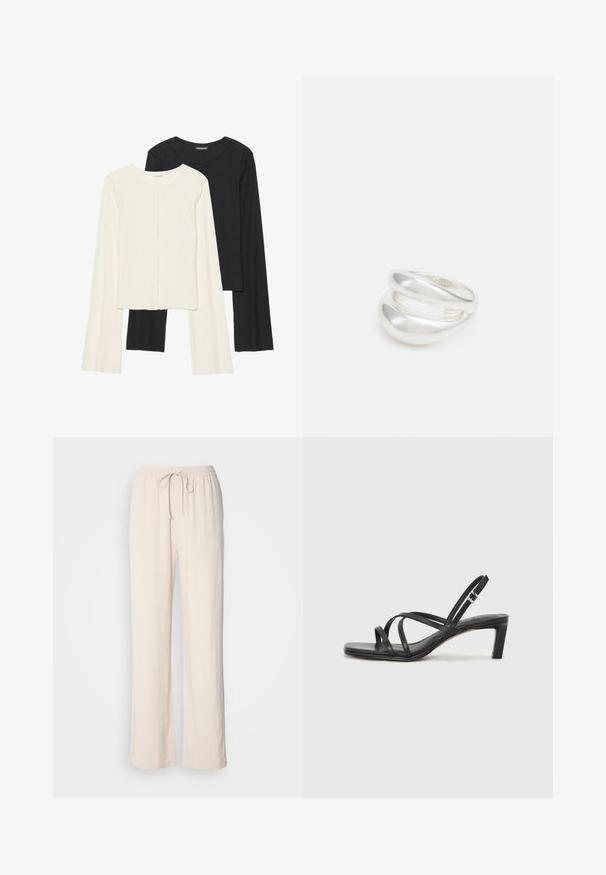 Set van twee longsleeve tops in wit en zwart. Geribbelde textuur, ronde hals, aansluitend ontwerp met licht uitlopende mouwen.; Licht beige, loszittende broek met een elastische tailleband en koord. Gestructureerde stof met zijnaaddetails en wijde pijpen.; Zwarte sandaal met bandjes, vierkante teen en een lage blokhak. Voorzien van meerdere dunne bandjes en een verstelbare enkelband. Gemaakt van zacht leer.; Zilveren dubbele ring met een gladde, gepolijste oppervlakte. Heeft een vloeiende, gebogen vorm met overlappende secties voor een moderne uitstraling.