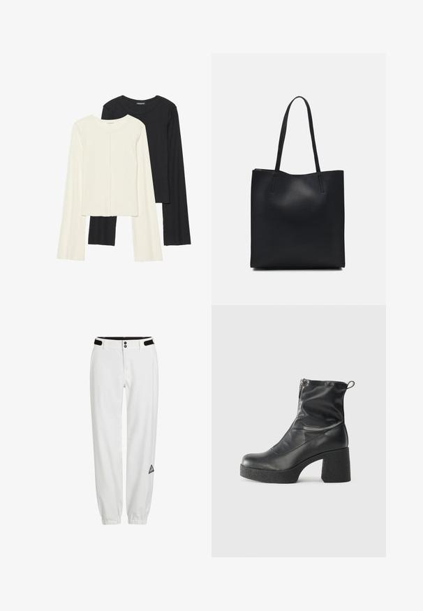 Súprava dvoch dlhých rukávov v bielej a čiernej farbe. Žebrovaná textúra, okrúhly výstrih, priliehavý strih s mierne rozšírenými rukávmi.; Biele nohavice s elastickým pásom, ktoré majú dva gombíky a čierne suché zipsy. Obsahujú malú, trojuholníkovú nášivku na boku.; Čierne členkové topánky z hladkej kože, so bočným zipsom, robustnou textúrovanou pätnou časťou a zaobleným dizajnom špičky.; Čierna kožená taška na rameno s hladkým povrchom, obdĺžnikovým tvarom a dvoma dlhými uchami. Bez viditeľného kovania alebo ozdôb.