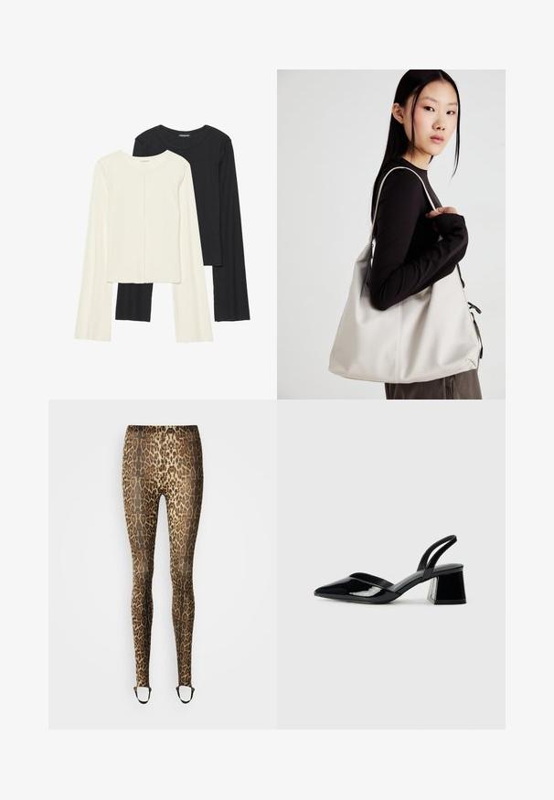 Sett med to langermede topper i hvit og svart. Ribbete tekstur, rund hals, tettsittende design med lett utsvingte ermer.; Lepardmønstrede leggings i tan og brunt, med en tætsiddende pasform, elastisk talje og ankelremme for en sikker pasform. Glat tekstur.; Svarte patentlær slingback hæler med spiss tå og geometrisk blokk hæl. Har et stilrent, minimalistisk design og jevn tekstur.; Beige håndveske laget av mykt materiale, med en slapp design, sydd detaljer og to skulderstropper. Passer for daglig bruk.