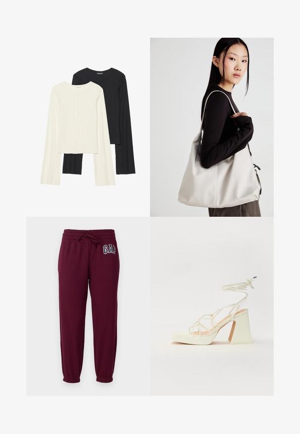 Sett med to langermede topper i hvit og svart. Ribbete tekstur, rund hals, tettsittende design med lett utsvingte ermer.; GAP Petite HERITAGE - Joggebukse - ruby wine; Hvit høyhælte sandal med kraftig hæl, med en stroppe-design og ankelbånd. Glatt tekstur med plattform foran for ekstra høyde.; Beige håndveske laget av mykt materiale, med en slapp design, sydd detaljer og to skulderstropper. Passer for daglig bruk.