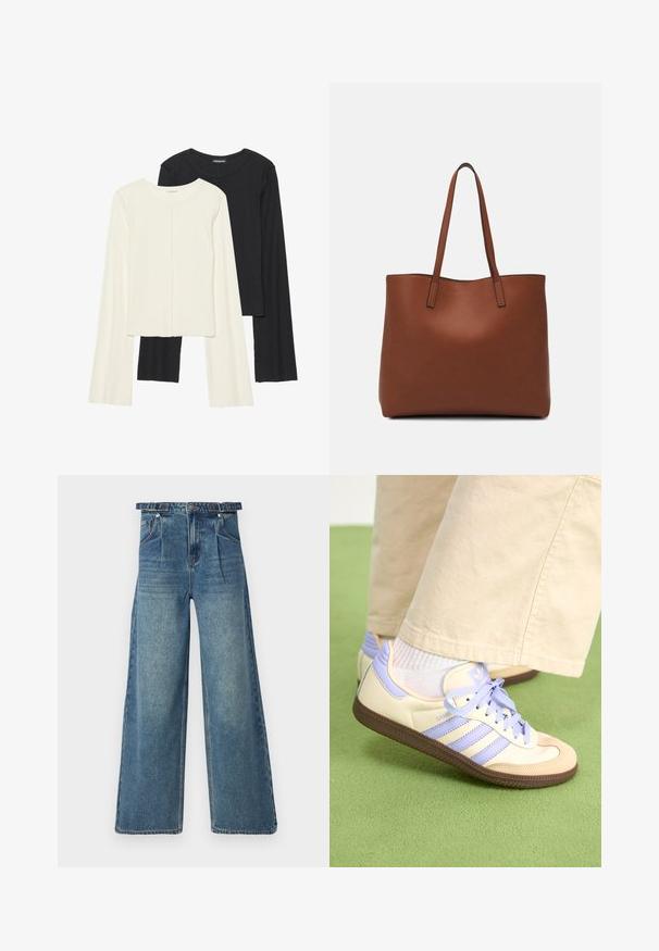 Sett med to langermede topper i hvit og svart. Ribbete tekstur, rund hals, tettsittende design med lett utsvingte ermer.; Bredde ben denim jeans i lys blå. Har høy midje, beltehemper, plissert front og klassisk fem-lomme design. Slitt tekstur.; Kremfargede og lavendelfargede joggesko med tre striper og en teksturert brun såle, med lisser og en polstret hæl. Mykt stofføvre.; Brun lær tote veske med en jevn tekstur, åpen toppdesign og to skulderstropper. Har minimal søm og ingen synlige spiker.
