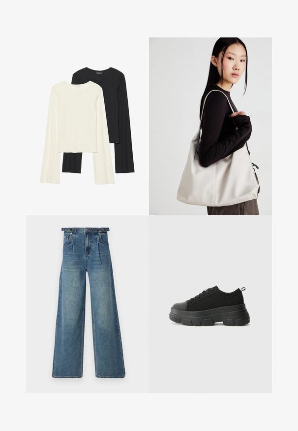 Dviejų ilgomis rankovėmis marškinėlių rinkinys, baltas ir juodas. Raukšlėta tekstūra, apvalus kaklas, prigludusi forma su šiek tiek platėjančiomis rankovėmis.; Šviesiai mėlyni plačių kojų džinsai. Aprūpinti aukštu juosmeniu, dirželio kilpomis, klostuota priekiu ir klasikinio penkių kišenių dizainu. Pažeista tekstūra.; Juodos sportinės bateliai su stambiu guminiais padu, tekstūrizuotu audinio viršumi, apvaliu pirštu ir raištelių uždarymu. Yra sutvirtinti akių angos ir nugaros kilputė.; Bežinė rankinė, pagaminta iš minkštos medžiagos, turinti laisvą dizainą, siuvinėtas detalės ir dvi petnešos. Tinkama kasdieniam naudojimui.