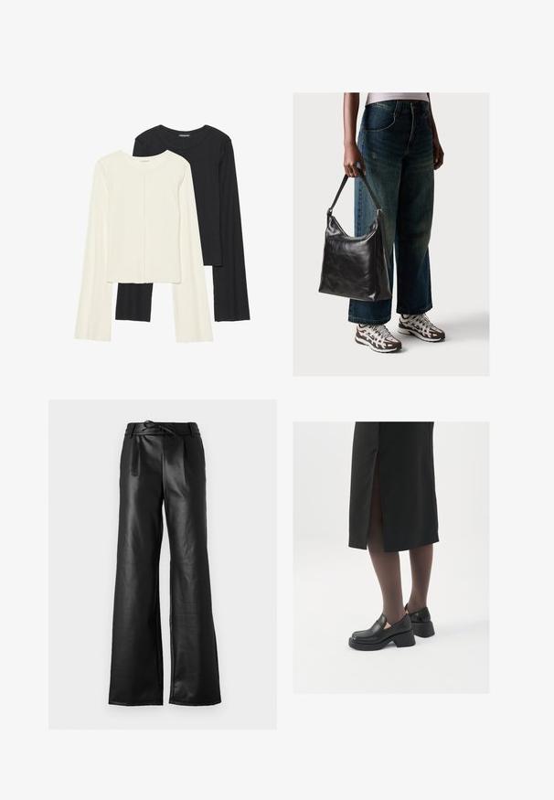Set aus zwei Langarmoberteilen in Weiß und Schwarz. Rippstruktur, Rundhalsausschnitt, figurbetontes Design mit leicht ausgestellten Ärmeln.; Schwarze Faux-Leder-Hosen mit weitem Bein und hoher Taille, ausgestattet mit Falten, einem Kordelzugverschluss und einer glatten, glänzenden Textur.; Schwarze Lederschuhe mit abgerundetem Zeh, dicker Blockabsatz und elastischen seitlichen Akzenten, kombiniert mit dunklen Strumpfhosen und einem schwarzen Rock mit Schlitz.; Schwarze Leder-Schultertasche mit glatter Textur und verstellbarem Riemen, kombiniert mit ausgewaschenen weit geschnittenen Jeans und sportlichen Sneakern.