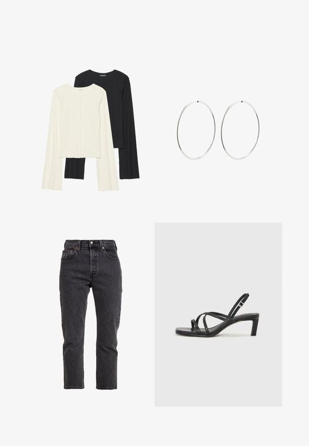 Set aus zwei Langarmoberteilen in Weiß und Schwarz. Rippstruktur, Rundhalsausschnitt, figurbetontes Design mit leicht ausgestellten Ärmeln.; Schwarze Jeans aus Denim mit geradem Bein, hoher Taille, fünf Taschen und Metallknopfverschluss. Subtile Textur- und Nähdetails.; Schwarze Sandale mit Riemchen, quadratischer Zehenform und niedrigem Blockabsatz. Verfügt über mehrere dünne Riemen und einen verstellbaren Knöchelriemen. Hergestellt aus glattem Leder.; Silberne Creolen mit einem glatten, runden Design und einer polierten Oberfläche. Sie sind dünn und leicht und verfügen über einen einfachen Verschluss.