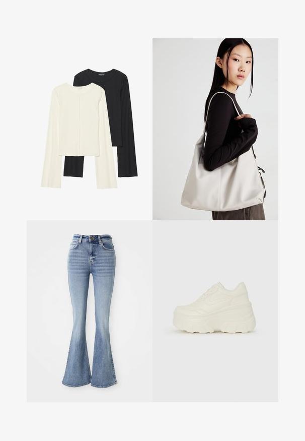 Set of two long-sleeve tops in white and black. Ribbed texture, round neck, fitted design with slightly flared sleeves.; Light blue high-waist denim jeans with flared legs, front button, and pockets, displayed on a white background.; White platform sneakers featuring a smooth leather-like upper, rounded shape, padded collar, and textured rubber sole with defined treads.; Beige handbag made of soft material, featuring a slouchy design, stitched detailing, and two shoulder straps. Suitable for everyday use.