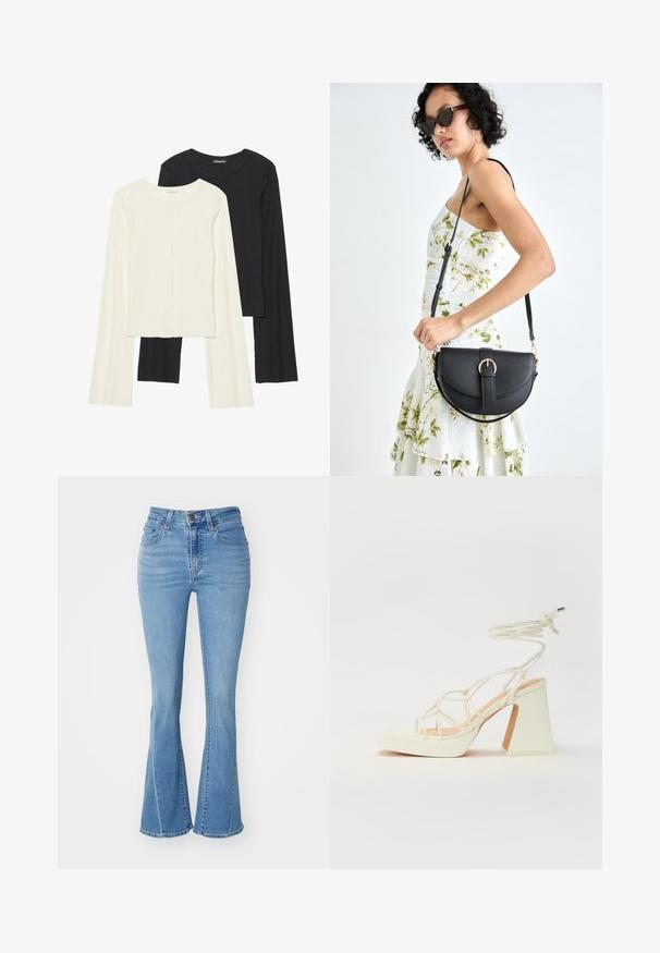 Sett med to langermede topper i hvit og svart. Ribbete tekstur, rund hals, tettsittende design med lett utsvingte ermer.; Lyseblå flagrende jeans laget av denim, med høy midje, fem-lomme design og frynset kant nederst. Slitt tekstur til stede.; Hvit høyhælte sandal med kraftig hæl, med en stroppe-design og ankelbånd. Glatt tekstur med plattform foran for ekstra høyde.; Svart lærveske med en buet form, avtagbar stropp og gullbeslag. Vesken har et klaff med spenne-detall.