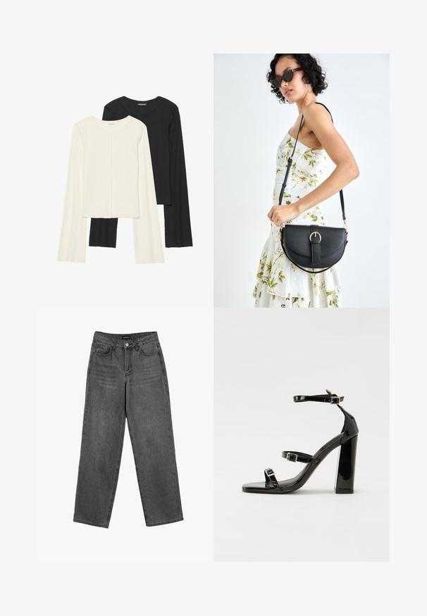 Sett med to langermede topper i hvit og svart. Ribbete tekstur, rund hals, tettsittende design med lett utsvingte ermer.; Svarte høytalede, rette ben jeans med frontknapp og lommer, vist på hvit bakgrunn.; Svarte høyhælte sandaler i lakk med to spennestraps, firkantet tå og en tykk blokkhæl, med en glatt, blank tekstur.; Svart lærveske med en buet form, avtagbar stropp og gullbeslag. Vesken har et klaff med spenne-detall.
