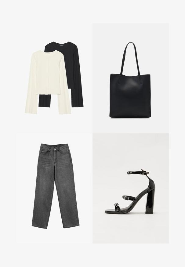 Kaksik Eri pikkusega valge ja musta värvi pikkade varrukatega topsi. Ribikstruktuur, ümar kaelus, lihav disain, veidi laienevate varrukatega.; Mustad kõrge vöökoht ja sirged teksad mustas värvitoonis, eesnupuga ja taskutega, esitatud valgel taustal.; Mustad läikiva lakknahaga kõrge kontsaga sandaalid kahe pandlaga, kandilised varbad ja jäme plokk-kontsaosa, millel on sile ja läikiv tekstuur.; Mustast nahast kott sujuva tekstuuriga, ristkülikukujuline ja kahe pika sangaga. Pole nähtavat riistvara ega kaunistusi.