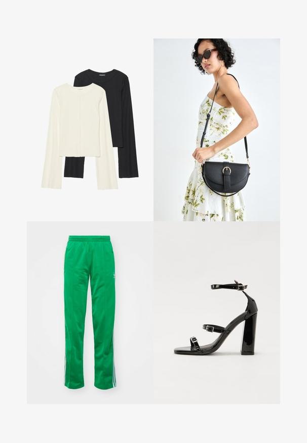 Set aus zwei Langarmoberteilen in Weiß und Schwarz. Rippstruktur, Rundhalsausschnitt, figurbetontes Design mit leicht ausgestellten Ärmeln.; Grüne, sportliche Hosen aus einem glatten Material; mit elastischem Bund und weißen Streifenakzenten an den Seiten.; Schwarze Lackleder-Sandalen mit hohen Absätzen, zwei Riemen mit Schnallen, quadratischer Zehenpartie und klobigem Blockabsatz, mit einer glatten, glänzenden Textur.; Schwarze Lederhandtasche mit geschwungener Form, abnehmbarem Tragegurt und goldenen Beschlägen. Die Tasche verfügt über einen Deckel mit einer Schnallen-Details.