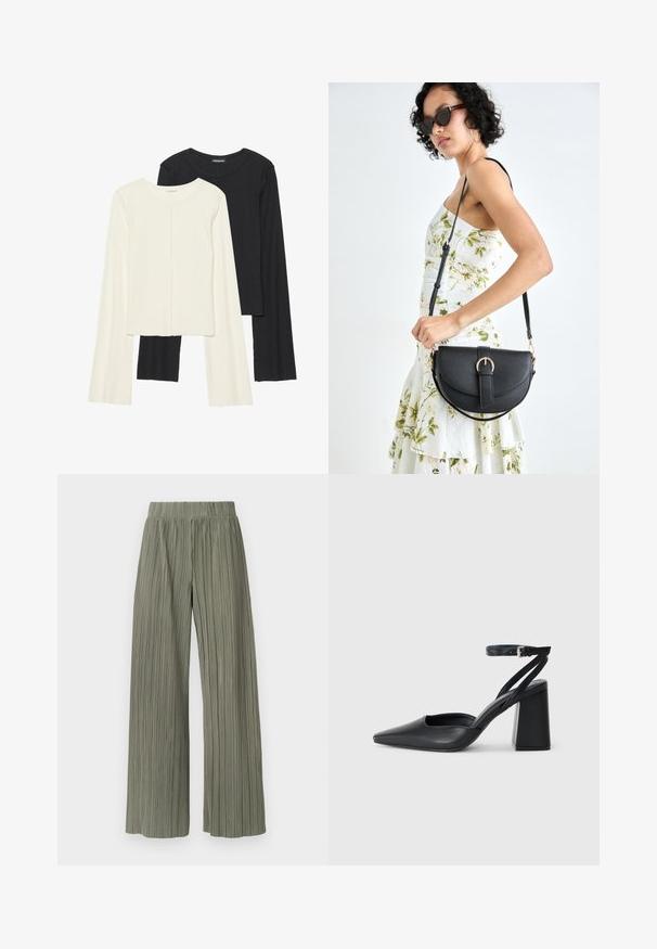 Set aus zwei Langarmoberteilen in Weiß und Schwarz. Rippstruktur, Rundhalsausschnitt, figurbetontes Design mit leicht ausgestellten Ärmeln.; Grüne, plissierte, weit geschnittene Hose mit elastischem Bund, die vertikale Falten und eine weiche Textur aufweist. Der Stoff hat ein glattes, fließendes Erscheinungsbild.; Schwarze Leder-Pumps mit spitzer Zehe, einem Knöchelriemen und einem blockigen Absatz. Flache Textur, elegantes Design und minimalistische Ästhetik.; Schwarze Lederhandtasche mit geschwungener Form, abnehmbarem Tragegurt und goldenen Beschlägen. Die Tasche verfügt über einen Deckel mit einer Schnallen-Details.