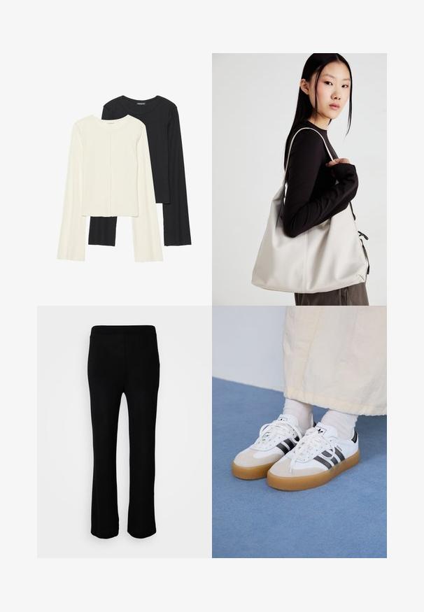 Souprava dvou dlouhých rukávů v bílé a černé barvě. Hladká textura, kulatý výstřih, upnutý střih s mírně rozšířenými rukávy.; Černé kalhoty po kotníky s hladkým povrchem a elastickým pasem. Jednoduchý design bez viditelných švů nebo kapes.; Bílé tenisky s černými pruhy a béžovými semišovými akcenty. Mají texturovanou gumovou podrážku a ploché bílé tkaničky, nošeny s světlými ponožkami.; Beige kabelka vyrobená z měkkého materiálu, s volným designem, prošívanými detaily a dvěma ramenními popruhy. Vhodná pro každodenní použití.