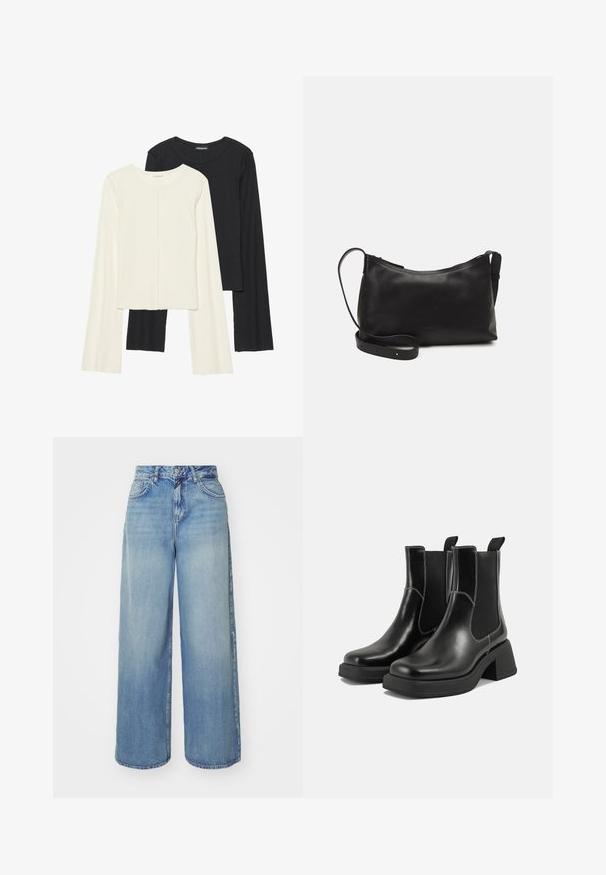 Set of two long-sleeve tops in white and black. Ribbed texture, round neck, fitted design with slightly flared sleeves.; Light blue wide-leg jeans made of denim, featuring a high waist, front pockets, and a relaxed fit. The fabric has a faded texture.; Black leather Chelsea boots with a chunky heel, elastic side panels, and contrasting white stitching. Textured finish.; Black leather shoulder bag with a smooth texture, curved shape, adjustable strap, and a zip closure. Minimalist design without embellishments.