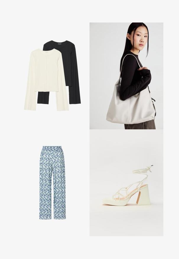 Set med två långärmade toppar i vitt och svart. Ribbade texturer, rund hals, figurnära design med något utställda ärmar.; Blommönstrade byxor med ett blått och grönt mönster på en vit bakgrund, med vida ben och elastisk midja.; Vit högklackad sandal med en kraftig klack, med ett remdesign och ankelband. Slät textur med en plattform framtill för ökad höjd.; Beige handväska tillverkad av mjukt material, med en avslappnad design, sydda detaljer och två axelremmar. Lämplig för dagligt bruk.
