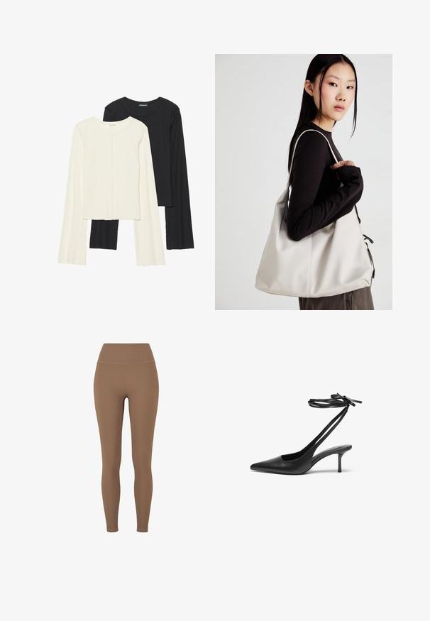 Súprava dvoch dlhých rukávov v bielej a čiernej farbe. Žebrovaná textúra, okrúhly výstrih, priliehavý strih s mierne rozšírenými rukávmi.; Hnedé rebrované legíny s vysokým pásom. Textília vyzerá elasticky a hladko, s minimálnym šitím a bez viditeľných vzorov.; Čierne kožené stiletto topánky s špicatou špičkou, otvorenou zadnou časťou a remienkami na členku viazanými do mašle. Úzky 3-palcový opätok. Hladká textura, minimalistický dizajn.; Béžová kabelka vyrobená z mäkkého materiálu, s uvoľneným dizajnom, prišitými detailmi a dvoma popruhmi na nosenie na pleciach. Vhodná na každodenné nosenie.