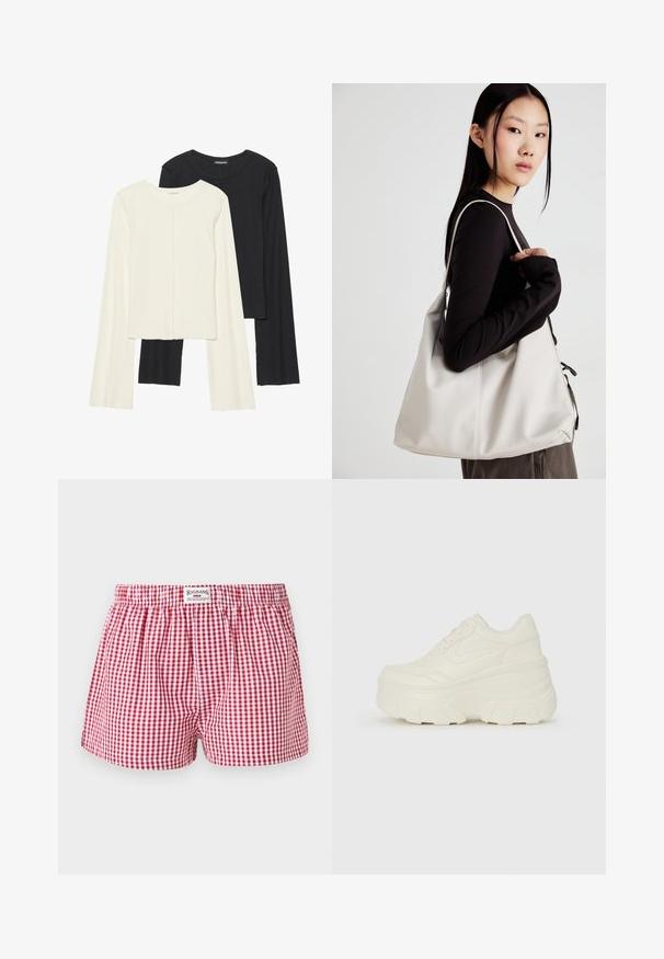 Set med två långärmade toppar i vitt och svart. Ribbade texturer, rund hals, figurnära design med något utställda ärmar.; BDG Urban Outfitters GINGHAM BOXER - Shorts - dark red; Vita plattformssneakers med en slät läderliknande överdel, rundad form, vadderad krage och texturerad gummisula med definierade mönster.; Beige handväska tillverkad av mjukt material, med en avslappnad design, sydda detaljer och två axelremmar. Lämplig för dagligt bruk.