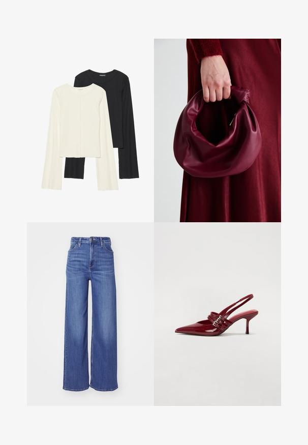 Σέτ δύο μακρυμάνικων μπλουζών σε λευκό και μαύρο. Ριπ υφή, στρογγυλή λαιμόκοψη, εφαρμοστή γραμμή με ελαφρώς φαρδιές μανίκες.; Φαρδιές γάμπες τζιν από ανοιχτό μπλε ντένιμ, με ψηλή μέση, πέντε τσέπες και ραφές που ξεχωρίζουν κατά μήκος των ραφών.; Κόκκινα παπούτσια slingback από πατεντέ δέρμα με μυτερή μύτη, δύο λουράκια με πόρπες και λεπτό, μεσαίου ύψους στυλέτο τακούνι. Λείος υφασμάτινος σχεδιασμός.; Μαρέν δερμάτινη τσάντα χειρός με μαλακό, συγκεντρωμένο σχέδιο και στρογγυλό σχήμα. Η λαβή είναι ασφαλισμένη, παρουσιάζοντας μια λεία υφή.