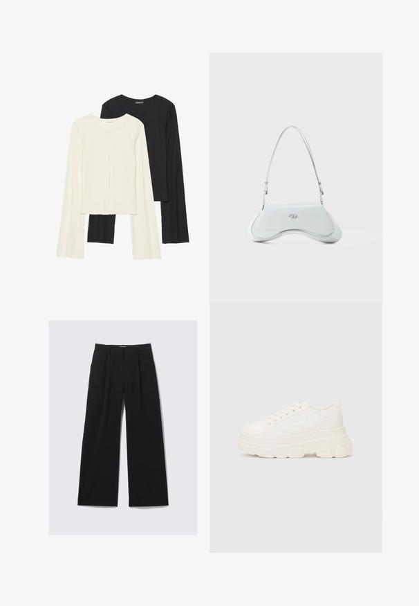 Ensemble de deux hauts à manches longues en blanc et noir. Texture côtelée, col rond, design ajusté avec des manches légèrement évasées.; Pantalons larges noirs avec passants de ceinture, plis avant et fermeture avant cachée, présentés sur un fond blanc.; Baskets blanches en toile avec une semelle épaisse, bout arrondi et cinq œillets pour les lacets. Onglet arrière pour un enfilage facile. Texture lisse, design minimaliste.; Sac à épaule en cuir verni blanc avec un design incurvé, des accessoires en métal argenté et un accent logo discret à l'avant. Sangle ajustable incluse.