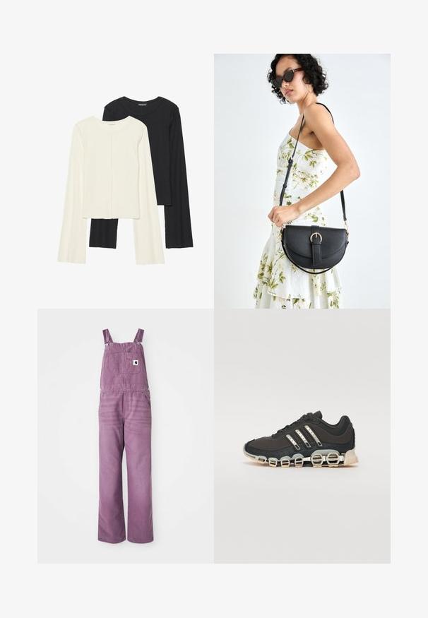 Conjunto de duas blusas de manga longa em branco e preto. Textura canelada, decote redondo, design ajustado com mangas ligeiramente evasê.; Salopete de ganga púrpura com alças ajustáveis, bolso frontal e pernas largas. O material apresenta uma leve textura; o hardware é composto por presilhas de metal prateado.; Shoe desportivo preto com um upper texturizado, três riscas prateadas e uma sola de amortecimento distinta, apresentando múltiplas secções integradas.; Bolsa de couro preta com forma curva, alça destacável e detalhes em dourado. A bolsa possui uma aba com detalhe de fivela.