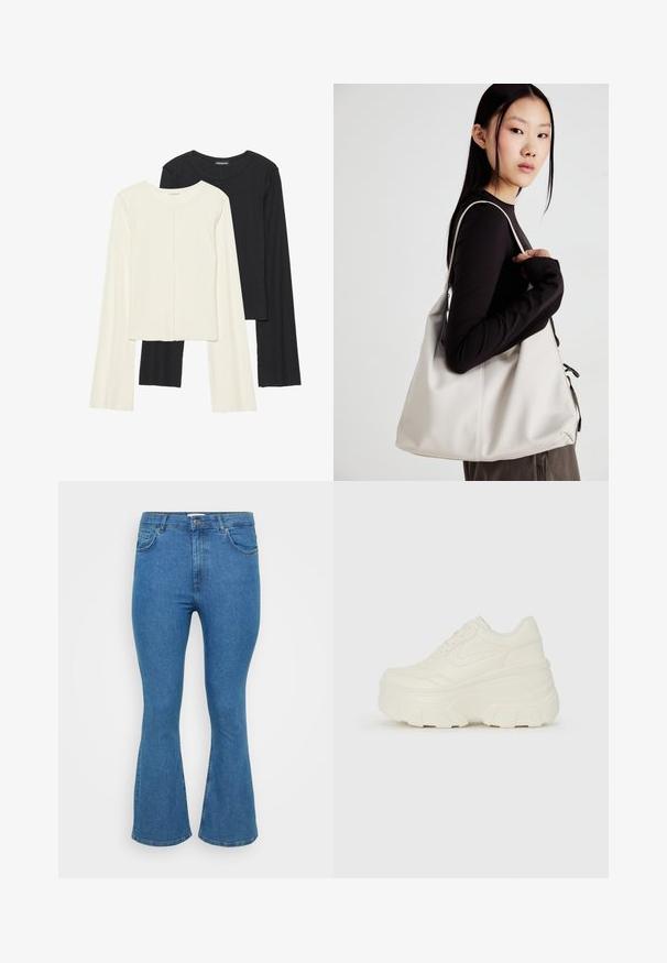 Conjunto de duas blusas de manga longa em branco e preto. Textura canelada, decote redondo, design ajustado com mangas ligeiramente evasê.; Fatos de ganga azuis de cintura alta com boca ampla, apresentando cinco bolsos, fecho de zip e detalhes de costura ao longo das costuras.; Tênis brancos de plataforma com um cabedal suave semelhante a couro, formato arredondado, colarinho acolchoado e sola de borracha texturizada com ranhuras bem definidas.; Uma bolsa bege feita de material macio, com um design descontraído, detalhes de costura e duas alças para o ombro. Adequada para uso diário.