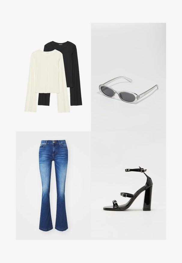 Set de două bluze cu mâneci lungi, una albă și una neagră. Textură ribbată, decolteu rotund, design ajustat cu mâneci ușor evazate.; Jeanși din denim albastru evazați cu un gradient de la deschis la închis. Caracteristici: buzunare frontale, fermoar și închidere cu un buton metalic.; Sandale cu toc din patent negru, cu vârf pătrat, curele la gleznă și catarame din argint. Dispune de un toc gros pentru stabilitate.; Ochelari de soare cu formă ovală, ramă din plastic transparent, lentile gri închis și brațe subțiri transparente cu accente de logo și detalii minime.; Geantă tote neagră din piele, cu textură netedă, formă rectangulară și două mânere lungi. Fără hardware vizibil sau ornamente.