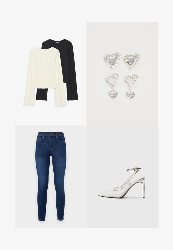 Két darabból álló hosszú ujjú felsők szettje fehér és fekete színben. Bordás textúra, kerek nyakkivágás, testhez simuló fazon, enyhén bővülő ujjakkal.; Sötétkék farmer skinny nadrág, magas derékkal, klasszikus öt zsebes kialakítással, finom kontrasztvarrással és fém gombos záródással.; Áttetsző anyagú, hegyes orrú, tiszta stiletto sarokcipő, fémes ezüst díszítéssel és állítható bokahevederrel.; Ez az ezüst szív alakú fülbevaló sima, átlátszó kövekkel rendelkezik, texturált kerettel. A készlet stud és csepp stílust is tartalmaz.