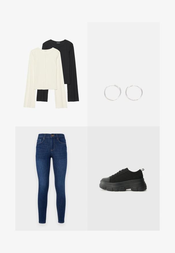 Két darabból álló hosszú ujjú felsők szettje fehér és fekete színben. Bordás textúra, kerek nyakkivágás, testhez simuló fazon, enyhén bővülő ujjakkal.; Sötétkék farmer skinny nadrág, magas derékkal, klasszikus öt zsebes kialakítással, finom kontrasztvarrással és fém gombos záródással.; Fekete sportcipők vastag gumitalppal, texturált szövet felsőrésszel, kerek orral és fűzős kialakítással. Megerősített fűzőlyukakkal és hátsó húzófüllel rendelkezik.; Ezüst karika fülbevalók, letisztult, kerek formával, sima felülettel és látható díszítés nélkül. A átmérő nem megadott.