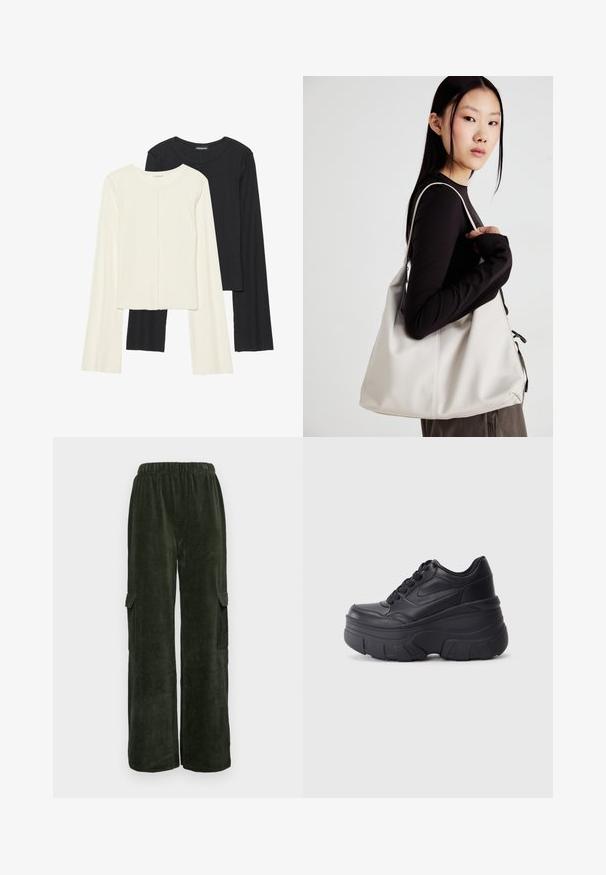 Set of two long-sleeve tops in white and black. Ribbed texture, round neck, fitted design with slightly flared sleeves.; Dark green corduroy cargo pants with a loose fit, featuring two side pockets and a comfortable elastic waistband. Textured fabric.; Black lace-up sneakers with a chunky sole, featuring smooth leather upper, rounded toe, and distinct layered platform design.; Beige handbag made of soft material, featuring a slouchy design, stitched detailing, and two shoulder straps. Suitable for everyday use.