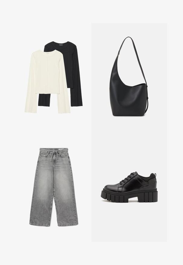 Sett med to langermede topper i hvit og svart. Ribbete tekstur, rund hals, tettsittende design med lett utsvingte ermer.; Bredde ben grå denimbukser med en falmet finish, snøring i livet og tradisjonell fem-lommers design, med synlige stikninger.; Svarte lærplattformsko med kraftig blokkhell, rund tå og tradisjonell snøring. Har en jevn tekstur og minimal detaljering.; Svart lær hobo-veske med glatt tekstur, buet form og enkelt justerbart stropp; har en bred åpning på toppen.