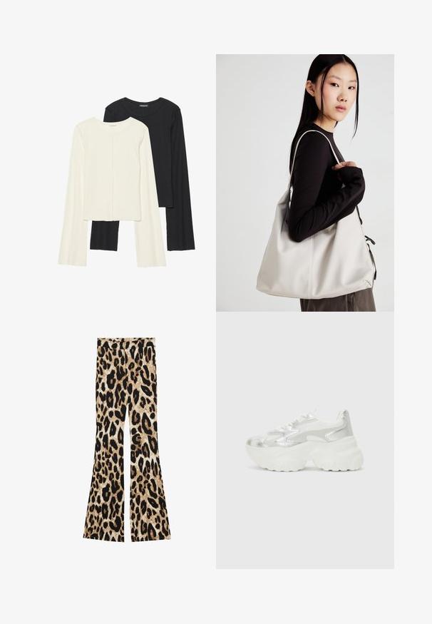 Set med två långärmade toppar i vitt och svart. Ribbade texturer, rund hals, figurnära design med något utställda ärmar.; Utsvängda byxor med leopardmönster i svart och bruna nyanser, ribbad textur och hög midja.; Silver sneakers med en texturerad mesh-överkonstruktion och iriserande accenter, med en kraftig vit sula och snörning.; Beige handväska tillverkad av mjukt material, med en avslappnad design, sydda detaljer och två axelremmar. Lämplig för dagligt bruk.