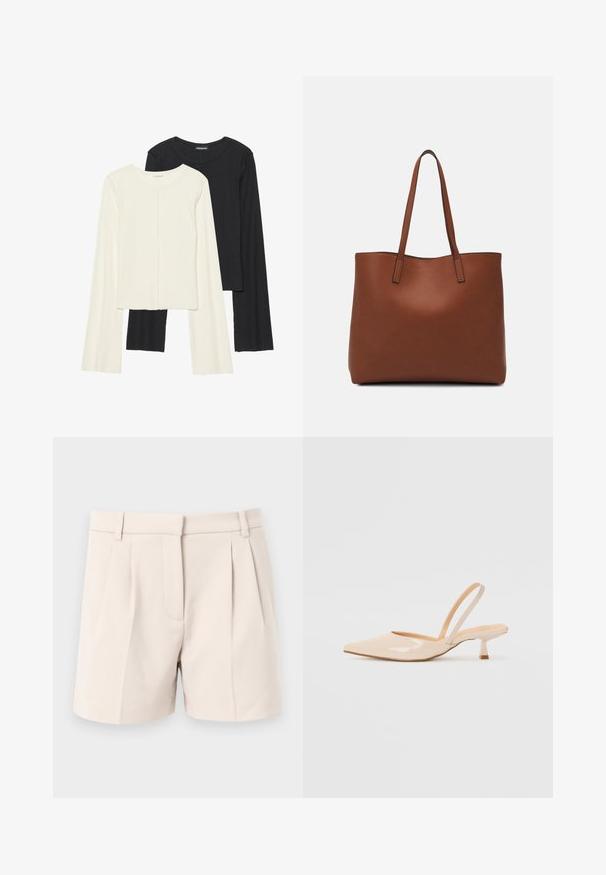 Set aus zwei Langarmoberteilen in Weiß und Schwarz. Rippstruktur, Rundhalsausschnitt, figurbetontes Design mit leicht ausgestellten Ärmeln.; Beige maßgeschneiderte Shorts mit Falten, seitlichen Taschen und geradem Schnitt. Hergestellt aus leichtem Stoff für eine glatte Textur.; Beige Lackleder Slingback-Pumps mit spitzem Vorderteil und einem schlanken, quadratischen Absatz. Glatte Textur und minimalistisches Design ohne Verzierungen.; Braune Leder-Tote mit glatter Textur, offenem Oberteil und zwei Schulterriemen. Verfügt über minimale Nähte und keine sichtbaren Beschläge.
