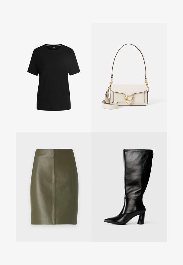 Czarna koszulka z krótkim rękawem, wykonana z miękkiej bawełny, posiadająca okrągły dekolt i gładką fakturę. Prosty design bez wzorów czy akcentów.; Oliwkowa skórzana spódnica mini o gładkiej teksturze, z prostym wzorem i centralnym szwem biegnącym wzdłuż tyłu.; Czarny skórzany but do kolan z ostro zakończonym noskiem, gładką fakturą i grubym obcasem. Posiada zamek z tyłu.; Kremowa skórzana torebka o zarysowanym kształcie, z kontrastowymi czarnymi krawędziami, złotymi akcentami oraz odpinanym paskiem z charakterystycznym logo.