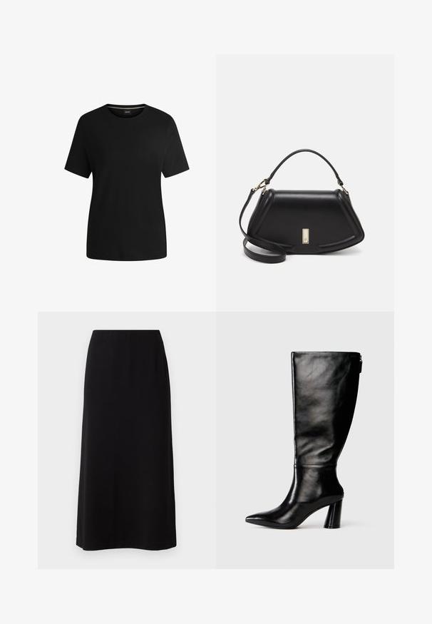 Zwart t-shirt met korte mouwen, gemaakt van zachte katoen, met een ronde hals en een gladde textuur. Eenvoudig ontwerp zonder patronen of accenten.; Zwarte maxi rok met een gladde, zachte textuur en een elastische tailleband. Eenvoudige, rechte snit zonder zichtbare patronen of versieringen.; Zwart leren laars tot de knie met een puntige neus, gladde textuur en een chunky hak. Bevat een ritsdetail aan de achterkant.; Zwarte leren handtas met een gestructureerd ontwerp, featuring een verkorte vorm, bovenhandvat en gouden hardwareaccent. Inclusief verstelbare schouderband.