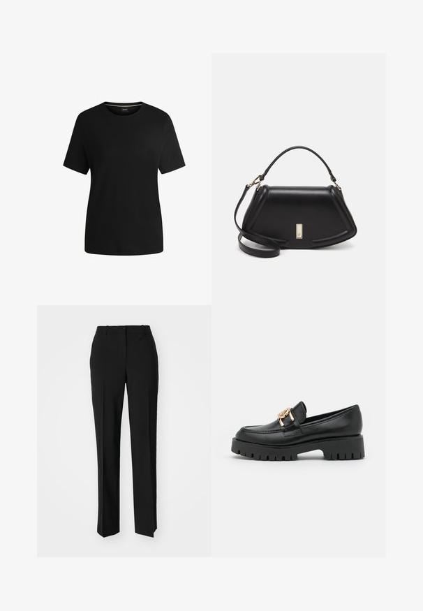Svart kortärmad t-shirt i mjuk bomull, med rund halsringning och en slät yta. Enkel design utan mönster eller detaljer.; Svarta skräddarsydda byxor med rak benform, med en slät yta och skarpa veck fram. Ingen synlig hårdvara.; Svart läderloafer med en kraftig sula och guldfärgad detalj; har rundad tå och sydda detaljer längs ovandelen.; Svart läderhandväska med en strukturerad design, som har en avskuren form, ett handtag upptill och guldiga detaljer. Justerbar axelrem ingår.