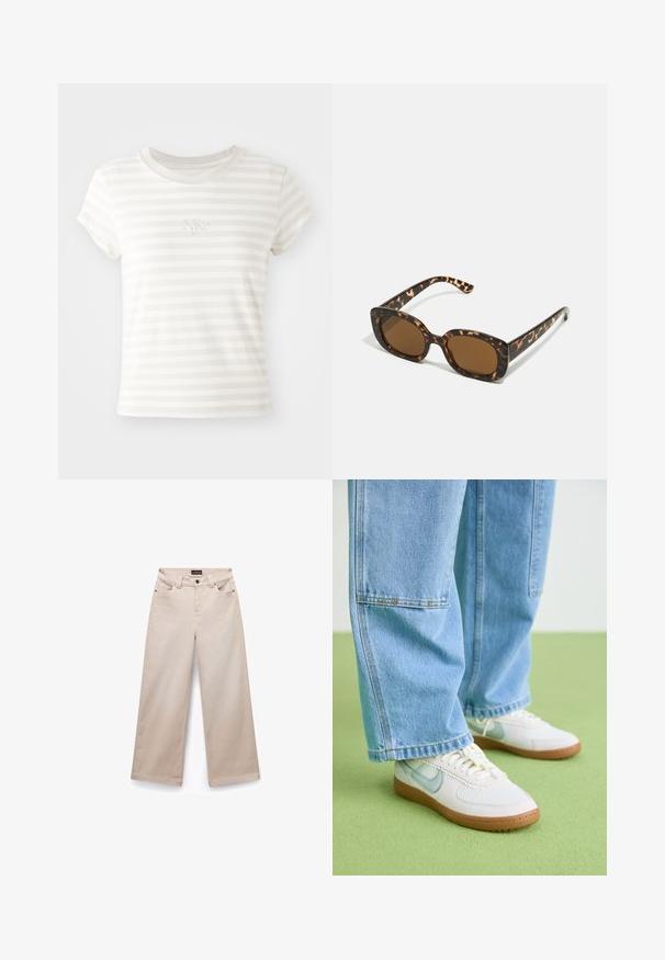 Balta dryžuota trumpų rankovių marškinėliai, pagaminti iš minkštos medvilnės. Turi apvalų kaklą ir nedidelį išsiuvinėtą Nike logotipą krūtinėje.; Kreminės spalvos plačios kelnės, pagamintos iš medvilnės su lygia tekstūra. Turintys penkis kišenes, diržo kilpas ir sidabrinės spalvos detales priekyje.; Balti sportbačiai su šviesiai mėlynais akcentais, tekstūruota tinklelio viršutinė dalis ir šviesiai ruda guma, derinami su laisvomis šviesiai mėlynomis džinsomis.; Kare klasikinės saulės akinių rėmeliai su apvalia, didesne forma ir rudais objektyvais. Yra subtilių raštų ir tiesių, siaurėjančių šonų.