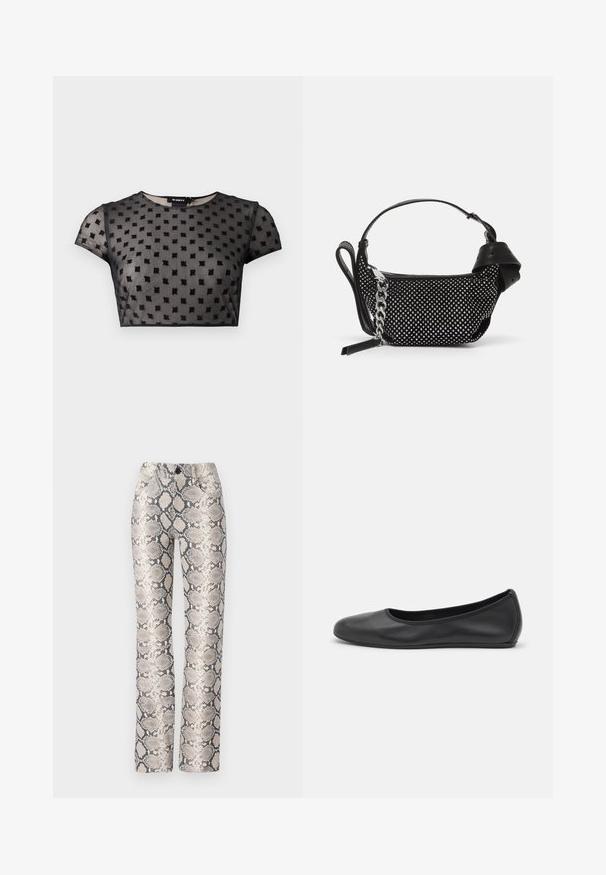 Zwarte, cropped top van doorschijnende stof met een textuurpatroon van kleine vierkantjes. Korte mouwen en een ronde halslijn.; Slangenprint broek in een beige en grijze kleurstelling. Rechte pijp design met een gestructureerde afwerking en voorzakken. Beschikt over een knoopsluiting.; Zwarte leren ballerina met een ronde neus, gladde textuur, minimale stikdetails en een flexibele zoolontwerp.; Zwarte handtas met studded embellishments, een kettingriem en een soepel leren handvat, met een afgeronde vorm en een ritscompartiment.